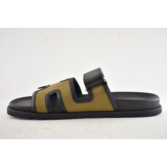 Hermes Chypre Sandal Mens Black Olive Green Canvas Cargo H Logo Slide Flat 45 12 - Picture 13 of 16